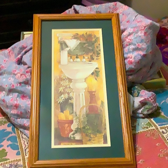 Adorable Shabby Chic Framed Water Coloring of a bathroom sink and plants. - Picture 2 of 10